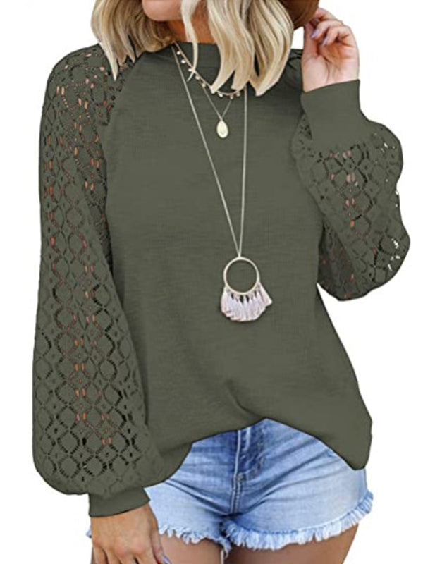 Round Neck And Long Sleeve Lace Stitching Shirt