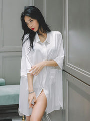 White Loose Short Sleeves Ice Silk Shirt Pajamas