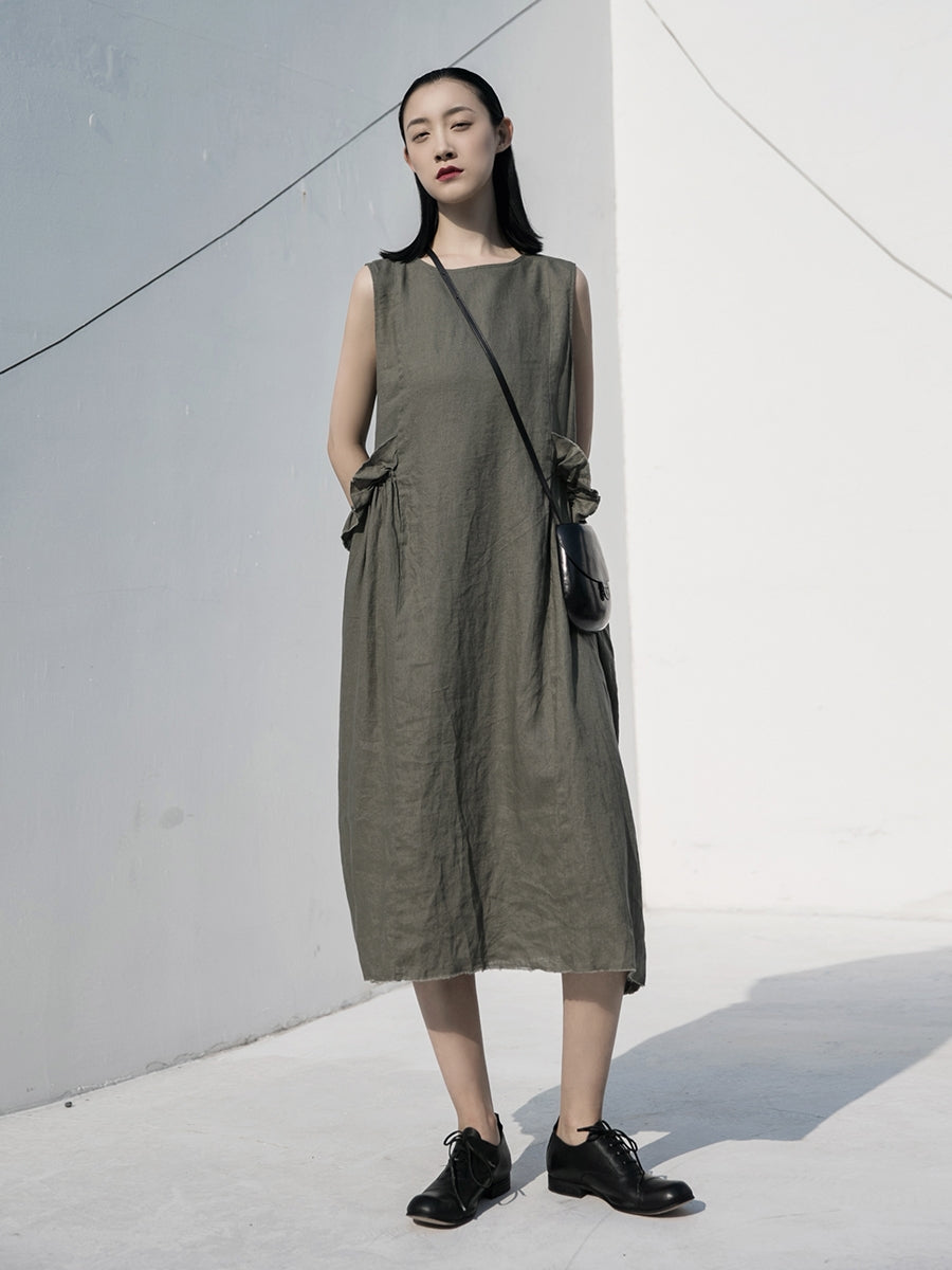 Round Neck Solid Color Mori Linen Midi Dress