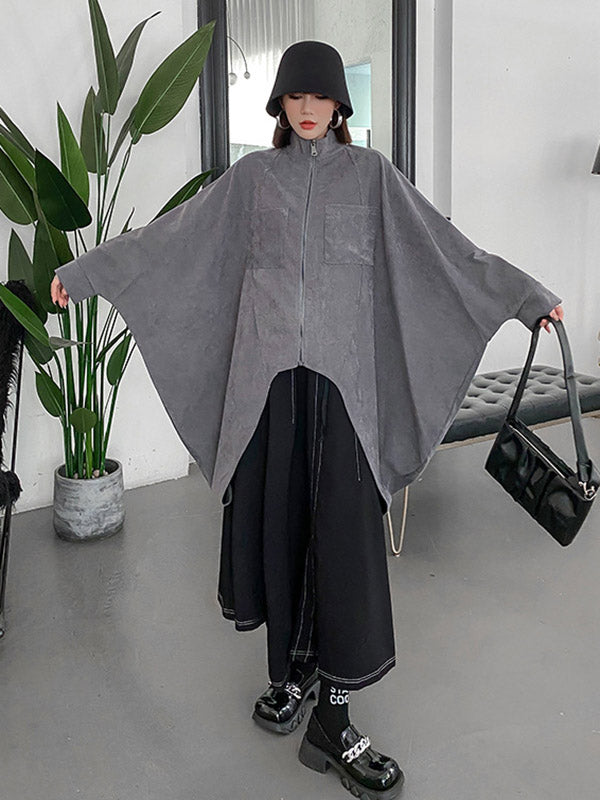 Casual Batwing Sleeves Roomy Drawstring Zipper Stand Collar Jackets&Coats