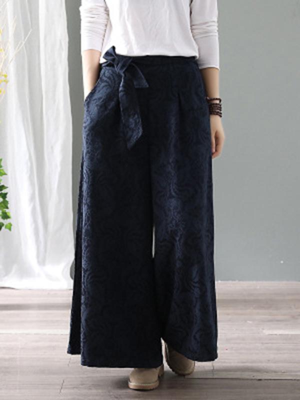 Vintage Loose Jacquard Lace-Up Wide-Leg Pants