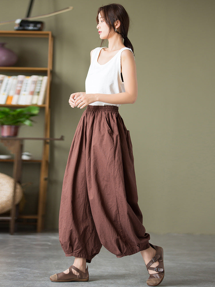 Solid Color Elastic Waist Loose Casual Pants