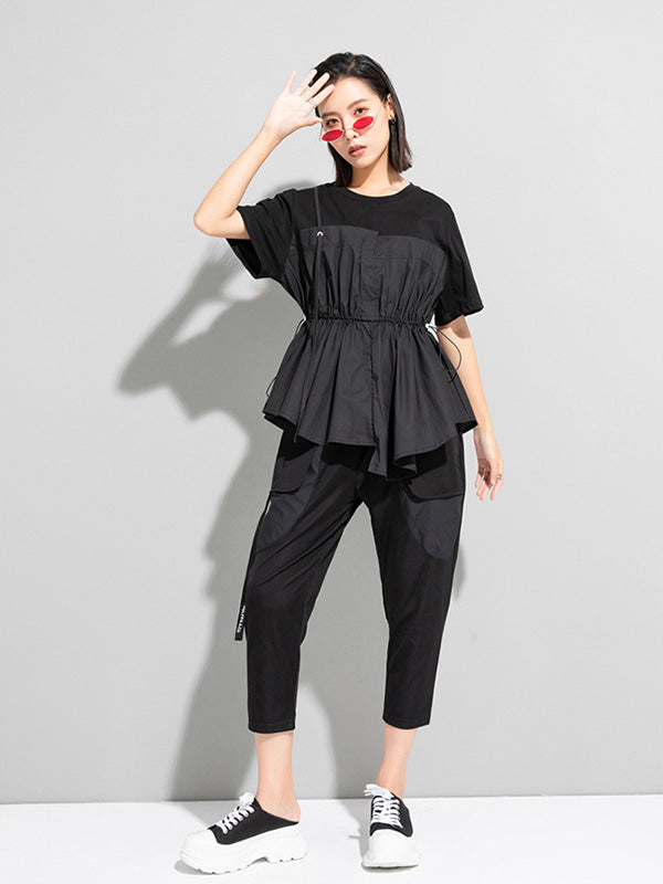 Loose Short Sleeves Waisted Solid T-Shirt