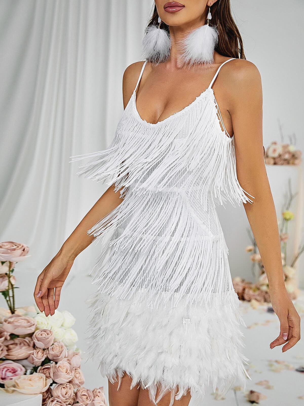 Austyn Tassel Feather Mini Dress In White