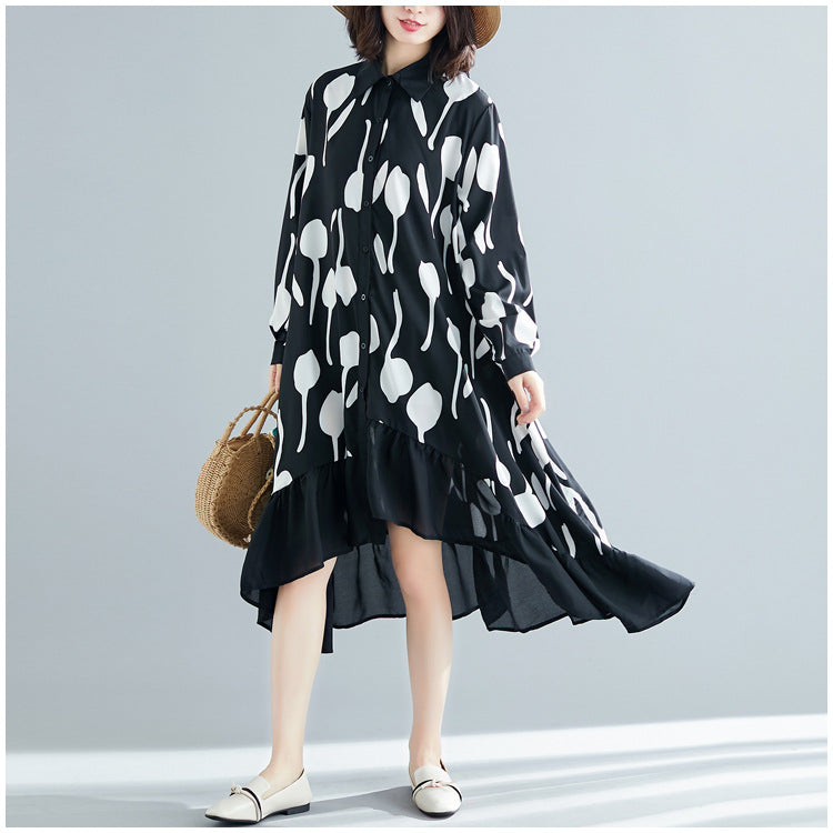 Printed Ruffle Shirt Midi Dress
