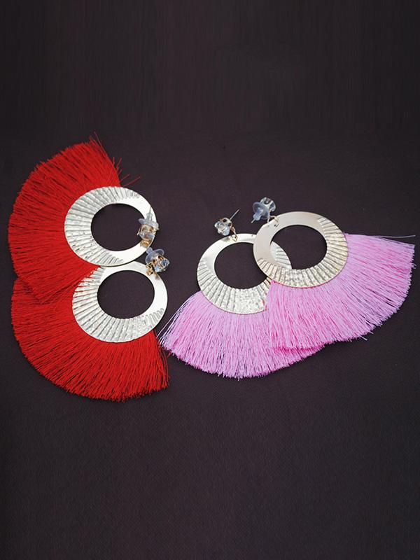 Rhinestone Tasseled Metal-ring Big Earrings