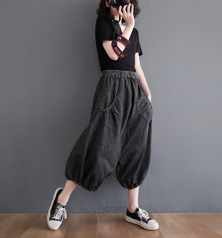 Solid Color Loose Elastic Waistband Pants