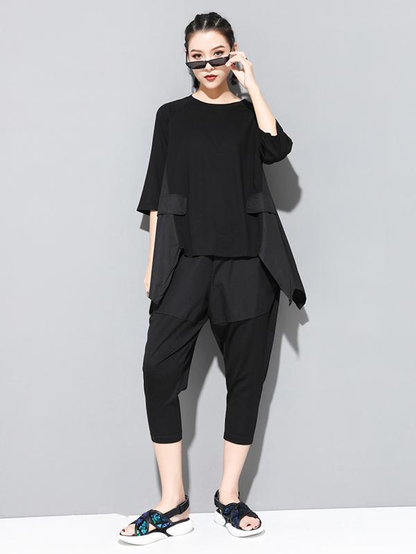Solid Color Cropped Loose Batwing Sleeve  T-Shirt