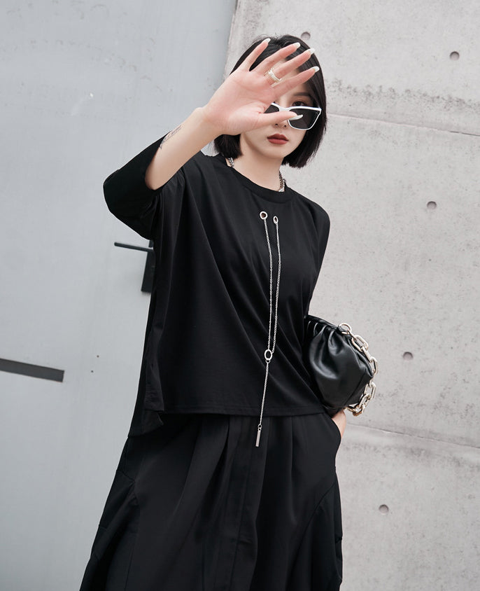 Simple 3/4 Sleeves Solid Round-Neck T-Shirt