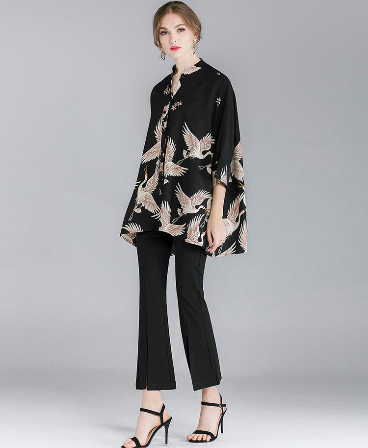 Crane Print Loose Oversized Shirt