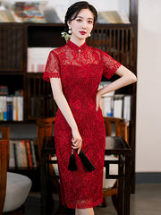 Sequin Hollowed Out Round Lapel Slim Fit Cheongsam With Low Slit Midi Dress