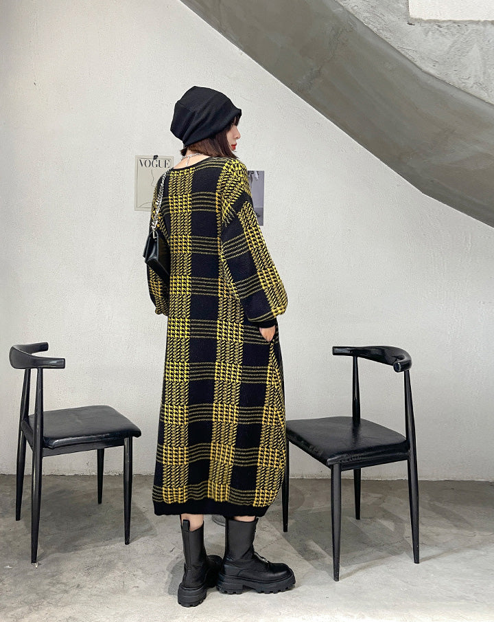 Long Sleeve Loose Mid-Length Knitted Plaid Sweater Dress