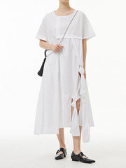 Roomy Short Sleeves Pure Color Streamer Round-Neck Midi Dresses