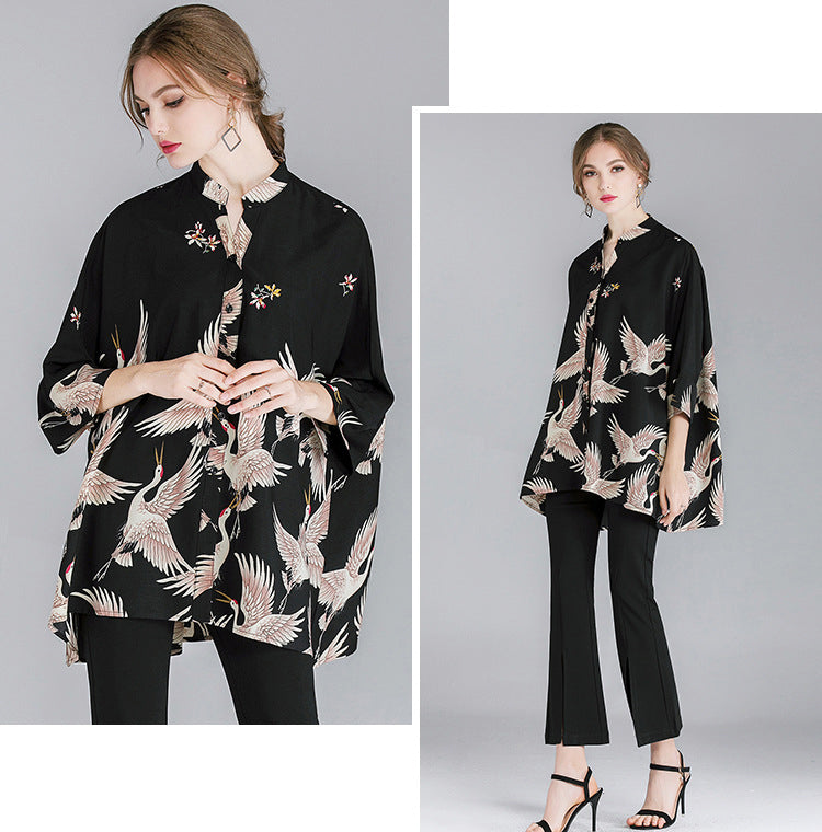 Crane Print Loose Oversized Shirt