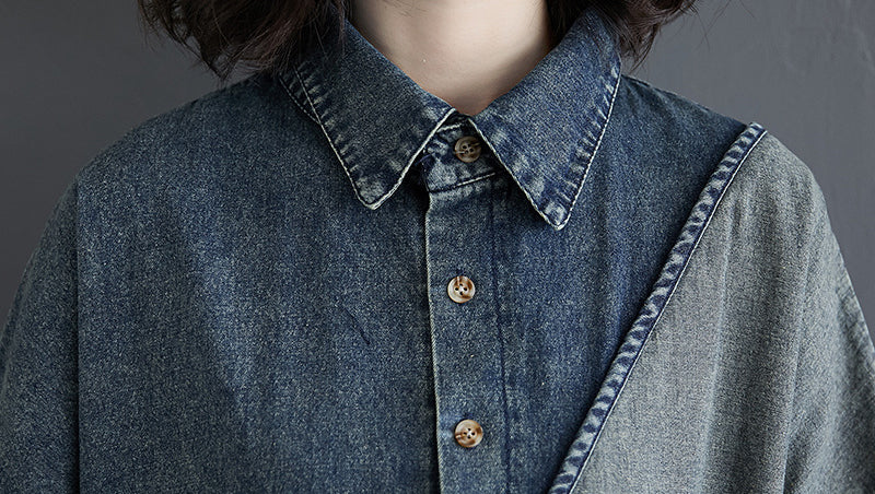 Retro Mid-Length Denim Single-Breasted Patch Coat