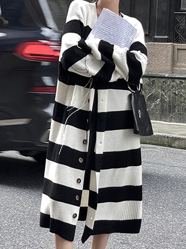 Black And White Contrast Color Striped Long Knitted Coat