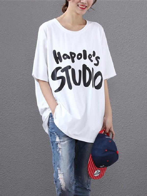 Batwing Sleeves Printed Letter T-Shirt