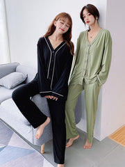 Two Pieces Solid Color Loose Comfort Tops And Pants Pajamas