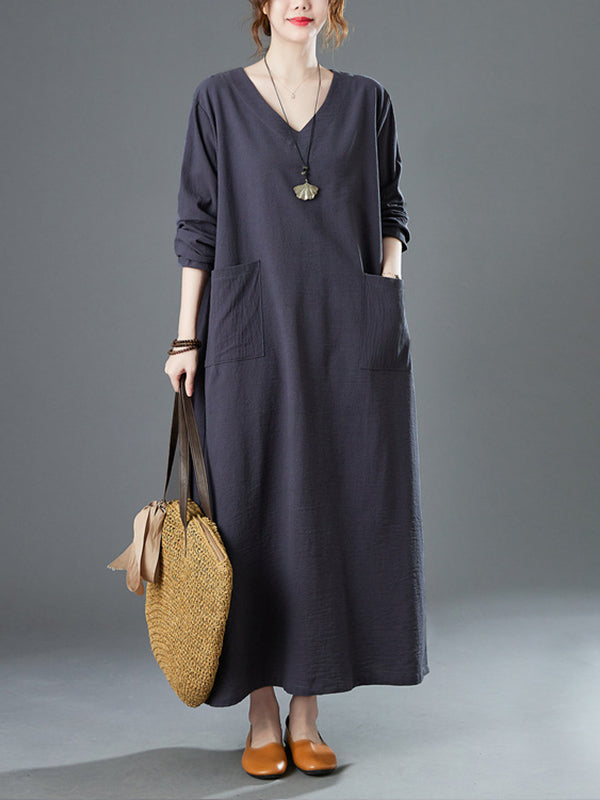 Vintage Solid Color V-Neck Midi Dress