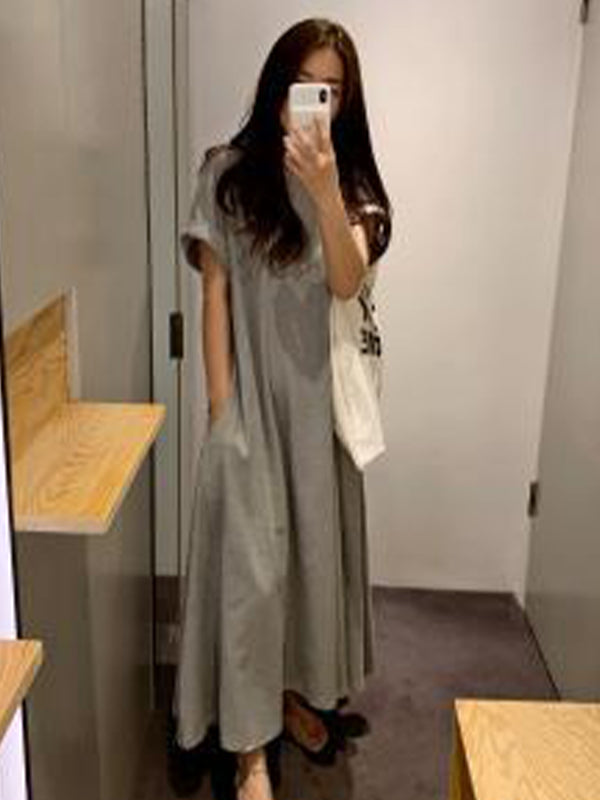 Short Sleeves Round Neck Solid Maxi Dress