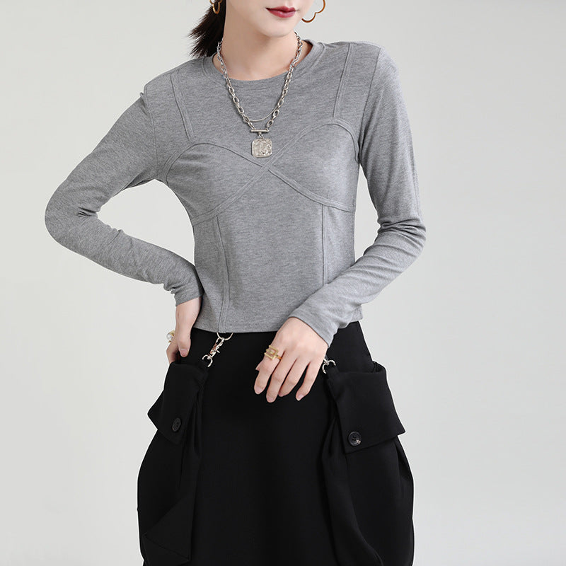 Round Neck Fake Two-Piece Long Sleeve T-Shirt Top