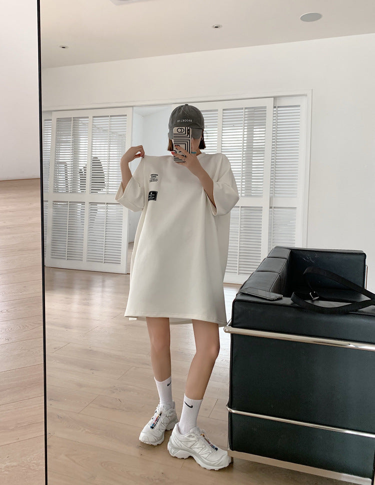 Printed Half Sleeves Loose Round Neck T-shirt Dress
