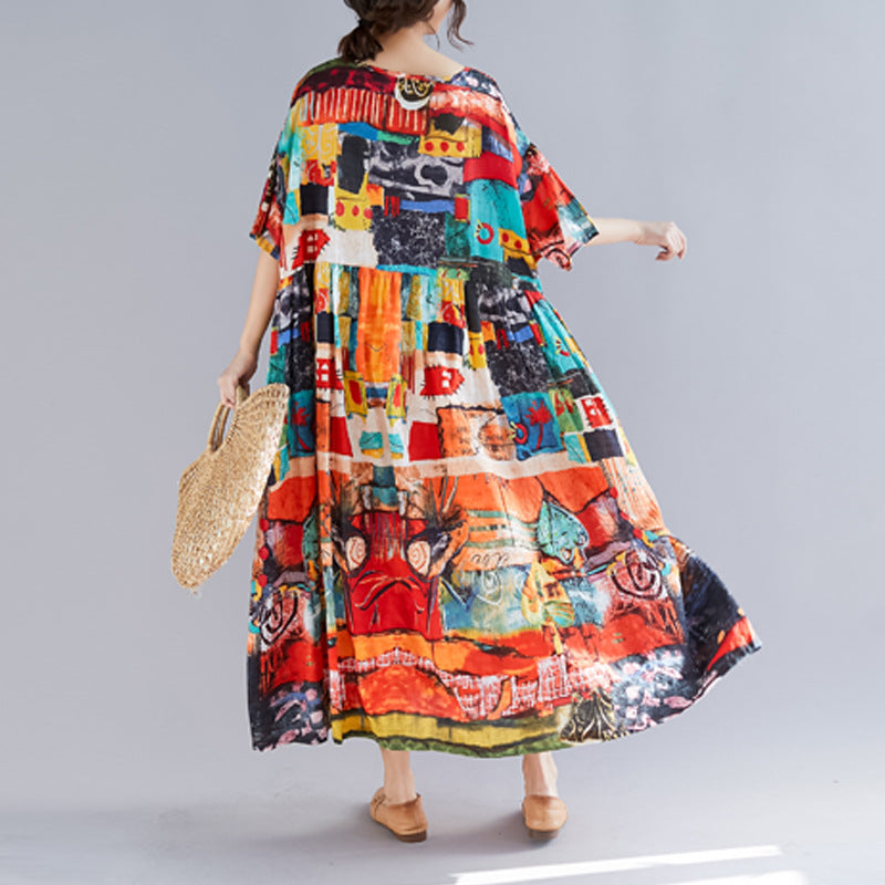 V-neck Printed Loose Tassel Casual Dress