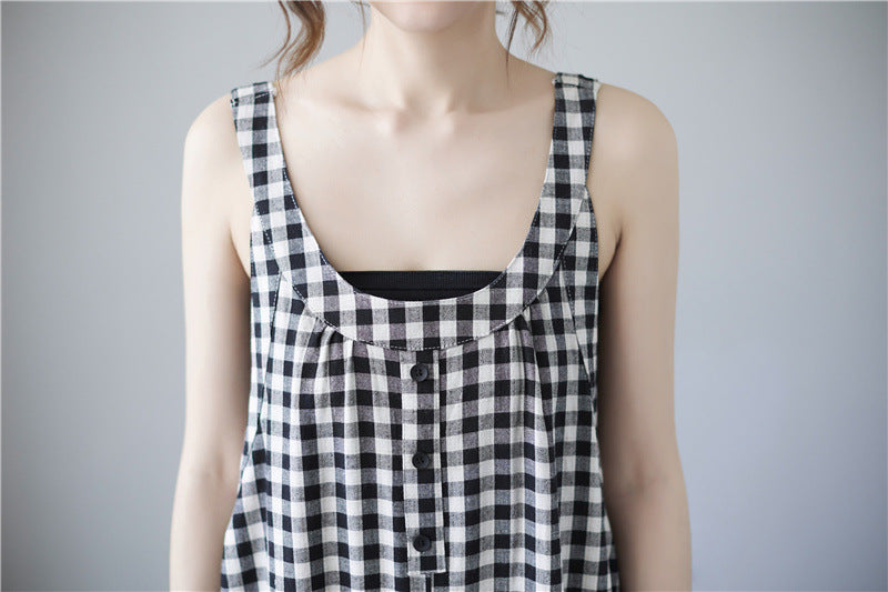 Literary Plaid Sleeveless Casual Loose Jumpsuit