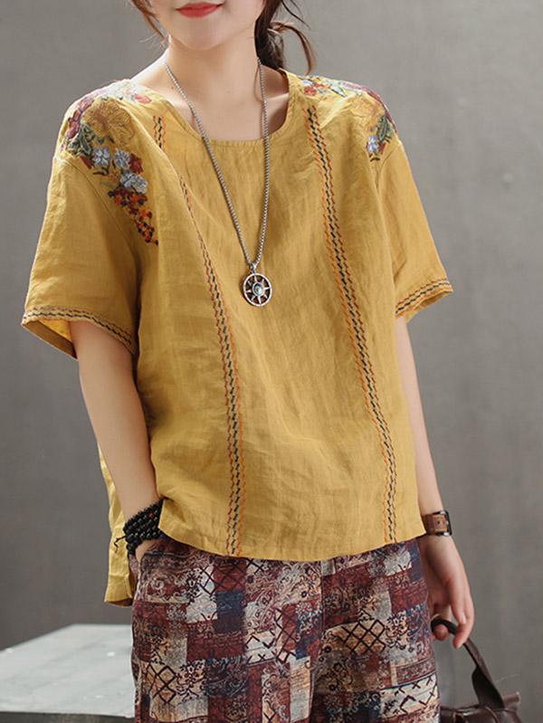 Vintage Embroidered Linen Round Collar T-Shirt