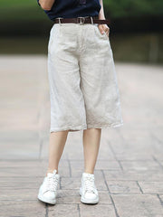 Solid Casual Flax Wide Leg Shorts