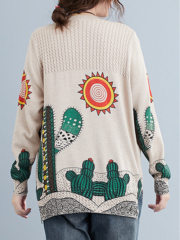 Women Retro Print Crew Neck Sweater