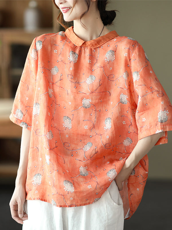 Summer Retro Printed Lapel Blouse