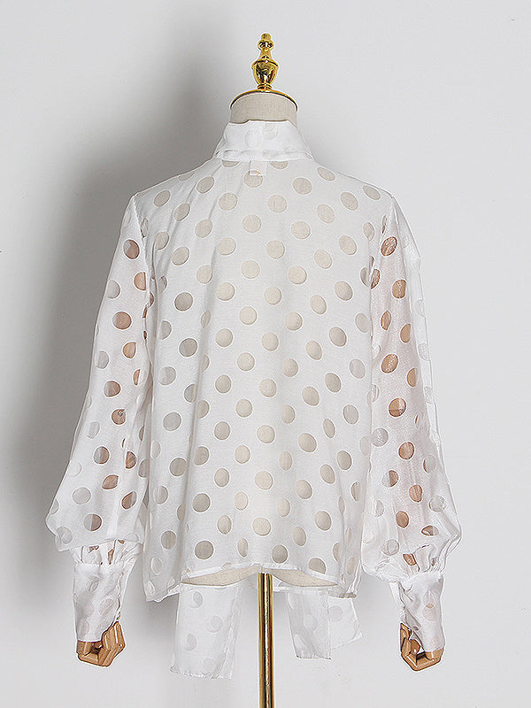 Simple Wavy Dot Neck Lace-Up Shirt Top