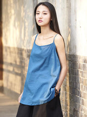 Spaghetti-neck Solid Color Ramie Cotton T-shirt