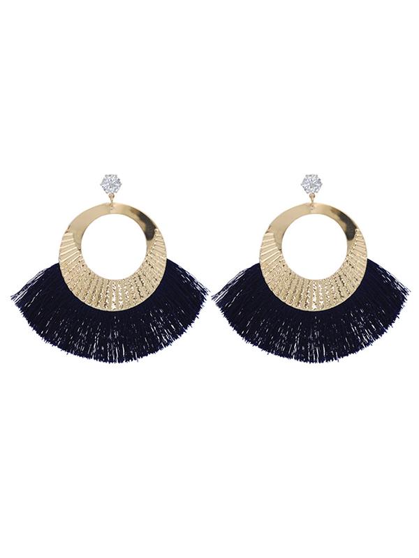 Rhinestone Tasseled Metal-ring Big Earrings