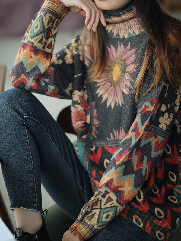 Soft Retro Printed Long Sleeves High Neck Top