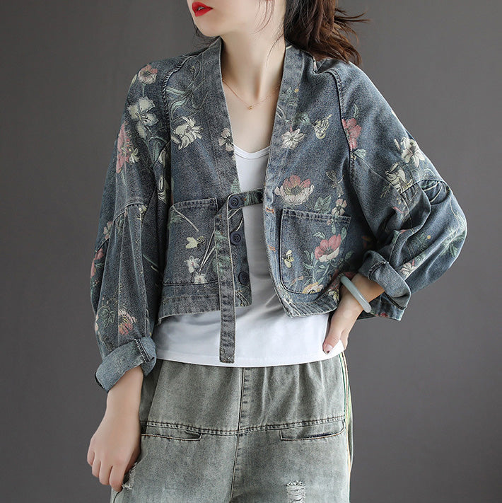 Vintage Print Bat Long Sleeve Loose Button Casual Jacket