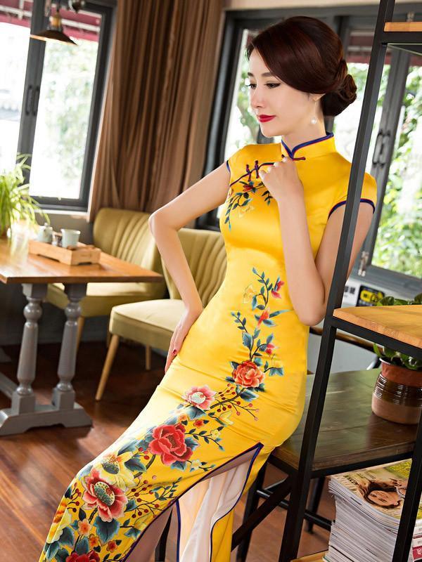 Yellow&Red Side Split Long Cheongsam Dress