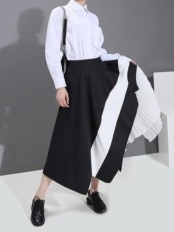 Asymmetric Contrast Color Pleated Splicing A-Line Skirt