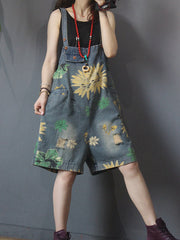 Artistic Retro Floral Denim Overalls