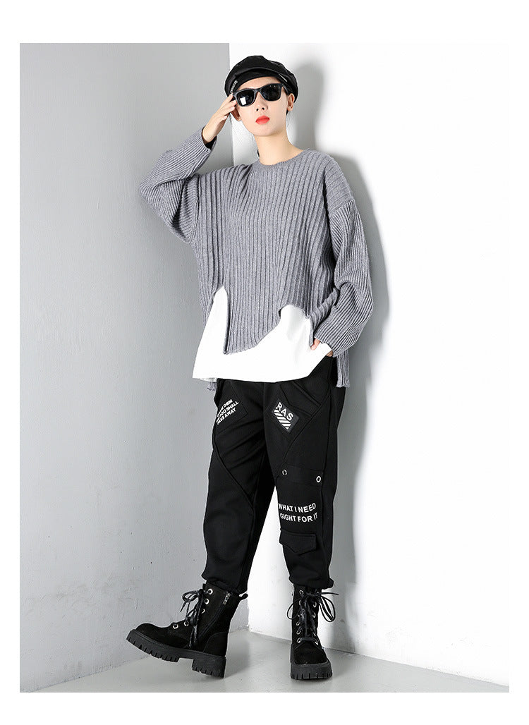 Women Stitching Round Neck Solid Color Irregular Sweater