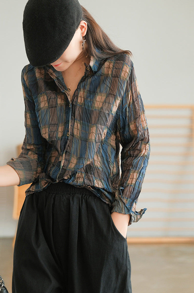 Retro Plaid Long Sleeve Blouse