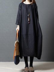 3 Colors Loose Ramie Cotton Long Sleeves Long Dress