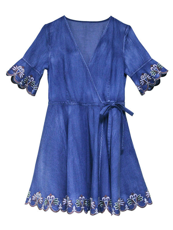 Original Applique V-Neck Denim Dress