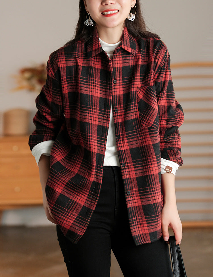 Retro Plaid Thicken Lapel Collar Shirt