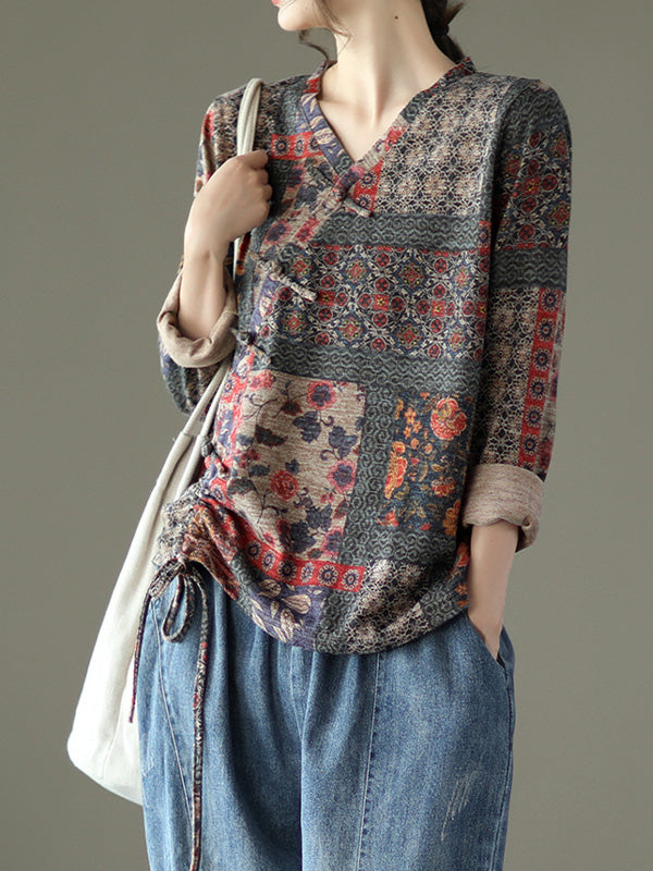 Retro Printed Long Sleeves Drawstring Blouse