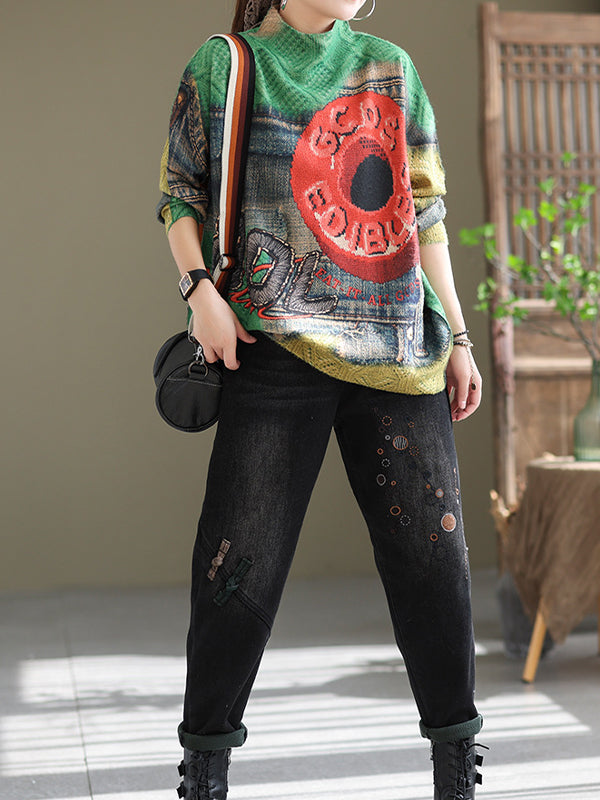 Retro Printed Half High Collar Sweater