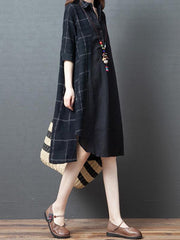 Loose Plaid Splicing Split-Side Lapel Dress
