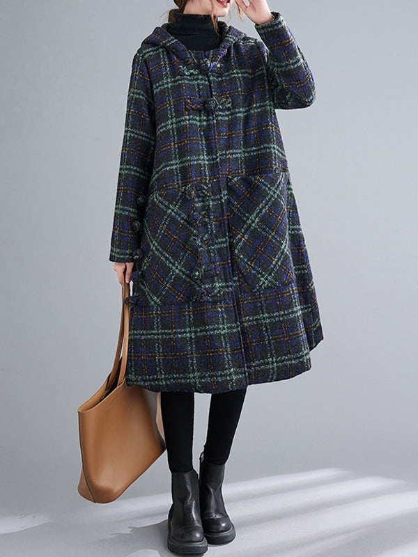 Coil Button Hooded Plaid Coat