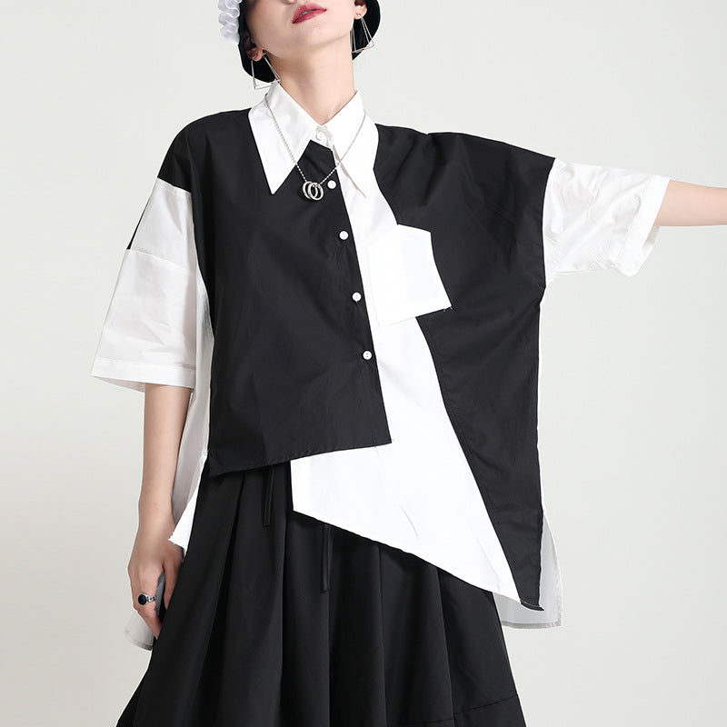 Original Loose Color-block Lapel Blouse